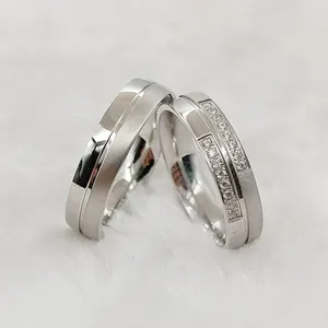2 pièces ensembles de bagues de fiançailles de mariage pour hommes et femmes Unique argent chirurgical en acier inoxydable cubique zircone bijoux