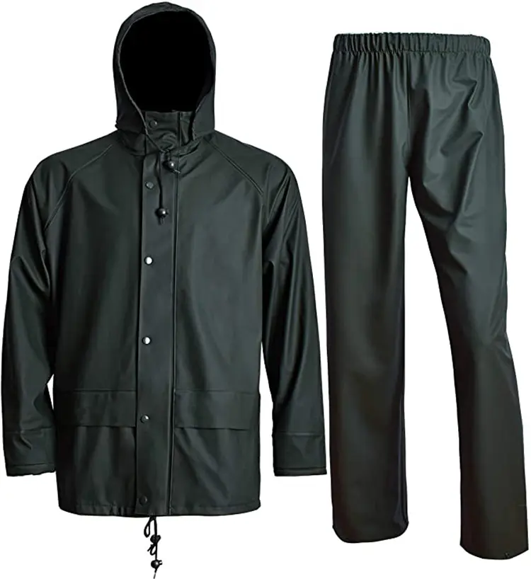 Chubasquero de alta resistencia, chubasquero impermeable de PU, chubasquero con capucha, chubasquero de moda de longitud completa para hombres y mujeres