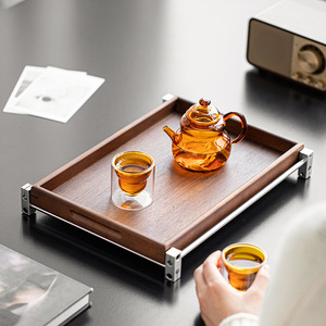 Aluminum Frame Walnut Wood <b>Tea</b> <b>Tray</b> Rectangular Storage Serving <b>Tray</b> For Household Use - Product Image 3