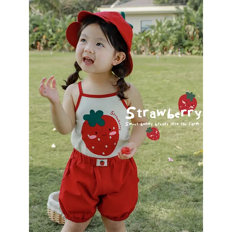 Baby Meisjes Zomer Aardbei Serie Sets Schattige Katoenen T-Shirt Bretels Casual Geruit Overall Shorts Set Groothandel Kinderkleding