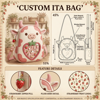 Sac à dos esthétique Kawaii en cuir végétalien rose motif vache, doublure imprimée fraises, détail corne en peluche, quincaillerie dorée, avec compartiment pour épingles