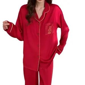 Cartoon cute bear embroidered lapel pyjamas spring models placket cardigan red ice silk women's loungewear set