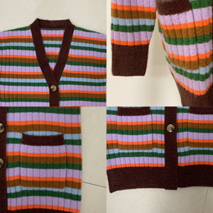 Cozy Rainbow Striped Cardigan Brown Contrast Trim V-Neck Button up Sweater Slouchy <strong>Longline</strong> Knit <strong>Jumper</strong> for Women Retro Style - Product Image 4