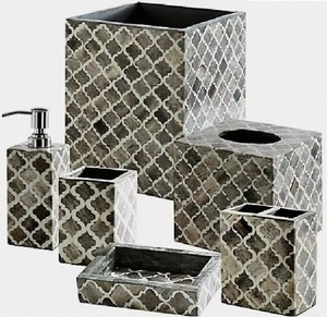 Ensemble d'accessoires de salle de bain en céramique moderne, six pièces, design carré, motif gris et blanc, facile à nettoyer - Product Image 6