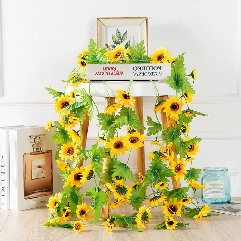 Artificial Sunflower Vines Garland Hanging Plant Silk Flowers With Yellow Flowers And Green Leaves For Wall Decor