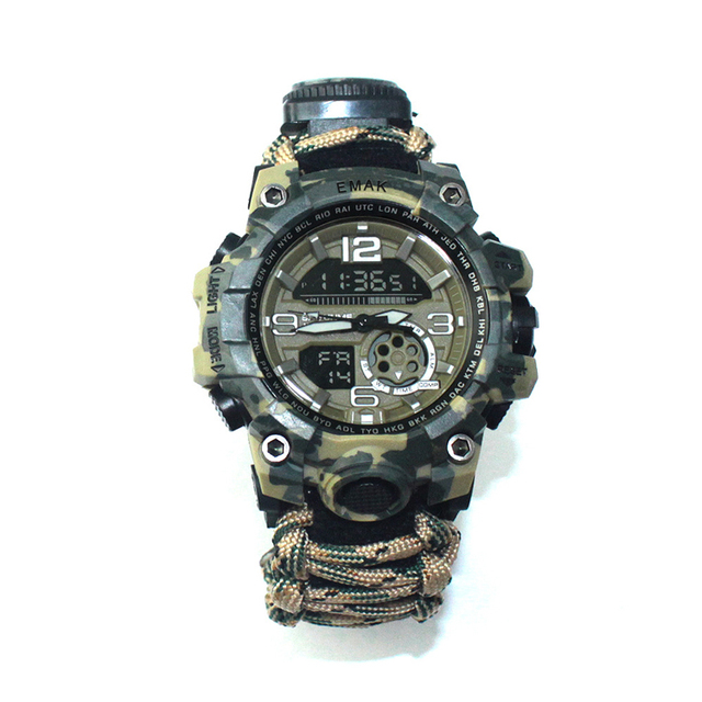 Outdoor Survival Watch Emergency Timing Whistle Compass Thermometer Bracelet Alarm Clock Survival Sports Watch
