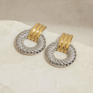 Boucles d'oreilles pendantes à vis en acier inoxydable bicolore or et argent, bijoux géométriques tendance - Product Image 2