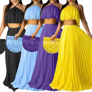 Hot Selling Ladies Halter Neck Sleeveless Chiffon Maxi Dress Pleated Crop Top And Flowy Skirts Sets Party Beach Sundress