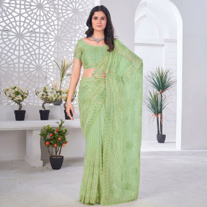 Green Embroidered <b>Tissue</b> Net Saree Blouse Women Traditional <b>Wedding</b> Wear India Pakistan Style Floor-Length Regular Fit Quick Dry - Product Image 1