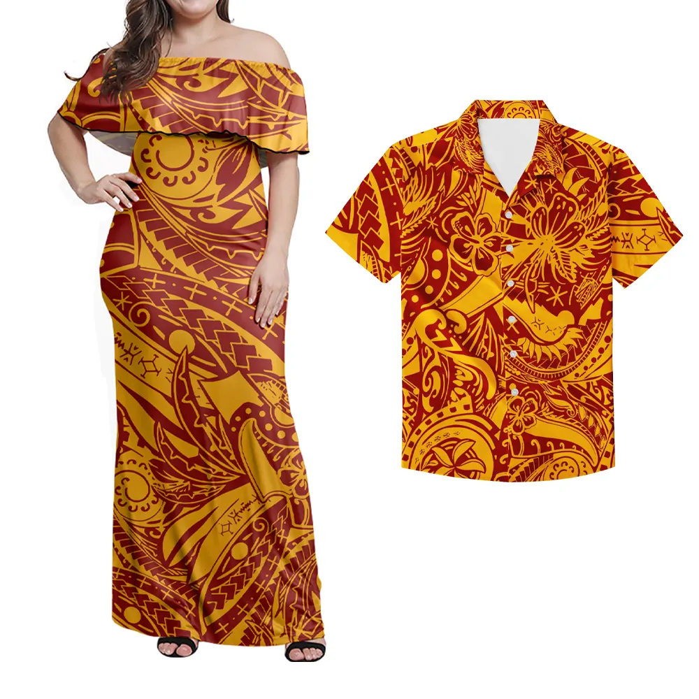 Polynesian Samoa Bộ Lạc In Mùa Hè Phụ Nữ Ruffle Tắt Shoulder Dresses Phù Hợp Với Nam Giới Sơ Mi Couple Quần Áo 2 Cái Bộ