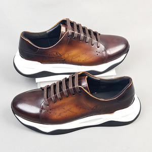 Chunky <b>Shoes</b> Men Genuine Leather Round Toe Lace-up Cushioned All Seasons Doodle Print Upper Rubber Outsole - Product Image 1