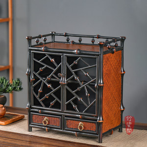 Bamboo Tea Cabinet Lacquered Bamboo Openwork Storage Display Rack Square Solid Wood Tea Ceremony <b>Tabletop</b> Cabinet - Product Image 1