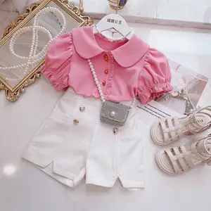 MY-003 Fashion summer boutique baby ruffle shorts outfit abbinamento princess print pearl top abbigliamento per bambini all'ingrosso ragazze