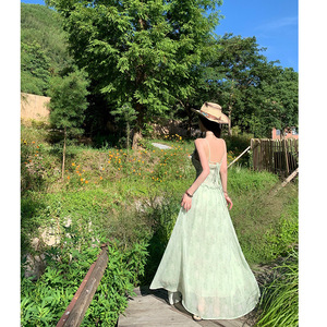 <b>Mint</b> Green Floral Print Sundress Fitted Waist Ruffled Hem Summer Long <b>Dress</b> Women Breathable Style - Product Image 4
