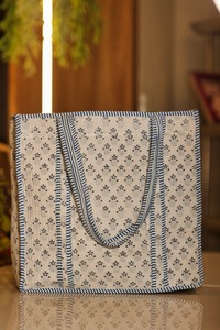 Bolso de mano de algodón con estampado de bloques, acolchado hecho a mano, ecológico, gran capacidad, cierre de cremallera, bolso de compras de tela ligera - Product Image 2