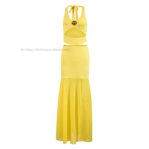 Sexy Women's Lace-Up Top With <b>Patchwork</b> Midi <b>Skirt</b> Two-Piece Set Fashion - Product Image 5