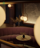 Canapé banquette de luxe en velours capitonné incurvé, comptoir de bar personnalisé avec étagère de présentation de vin pour mobilier de discothèque et de lounge à cocktails