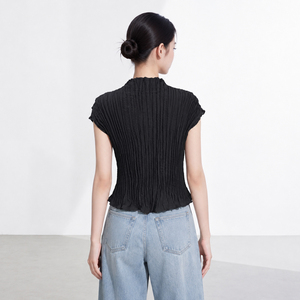 Women's Casual Eco-Friendly Slim Fit 100% Polyester Stand Collar <b>Top</b> Customizable Breathable <b>Cap</b> <b>Sleeve</b> Shirt Bulk Wholesale - Product Image 5
