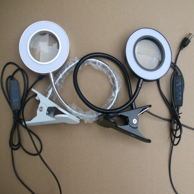 Desk Lamp Clip on Light, 48 LEDs USB Clip Ring Light with 3 Color Modes Dimmable Brightness, Work Lamp with Magnifying Glass