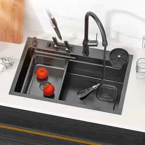 Lavello da cucina di dimensioni Multiple in acciaio inossidabile SUS304 vasca singola nero Home cup washer Renovator lavello da cucina con portacoltelli