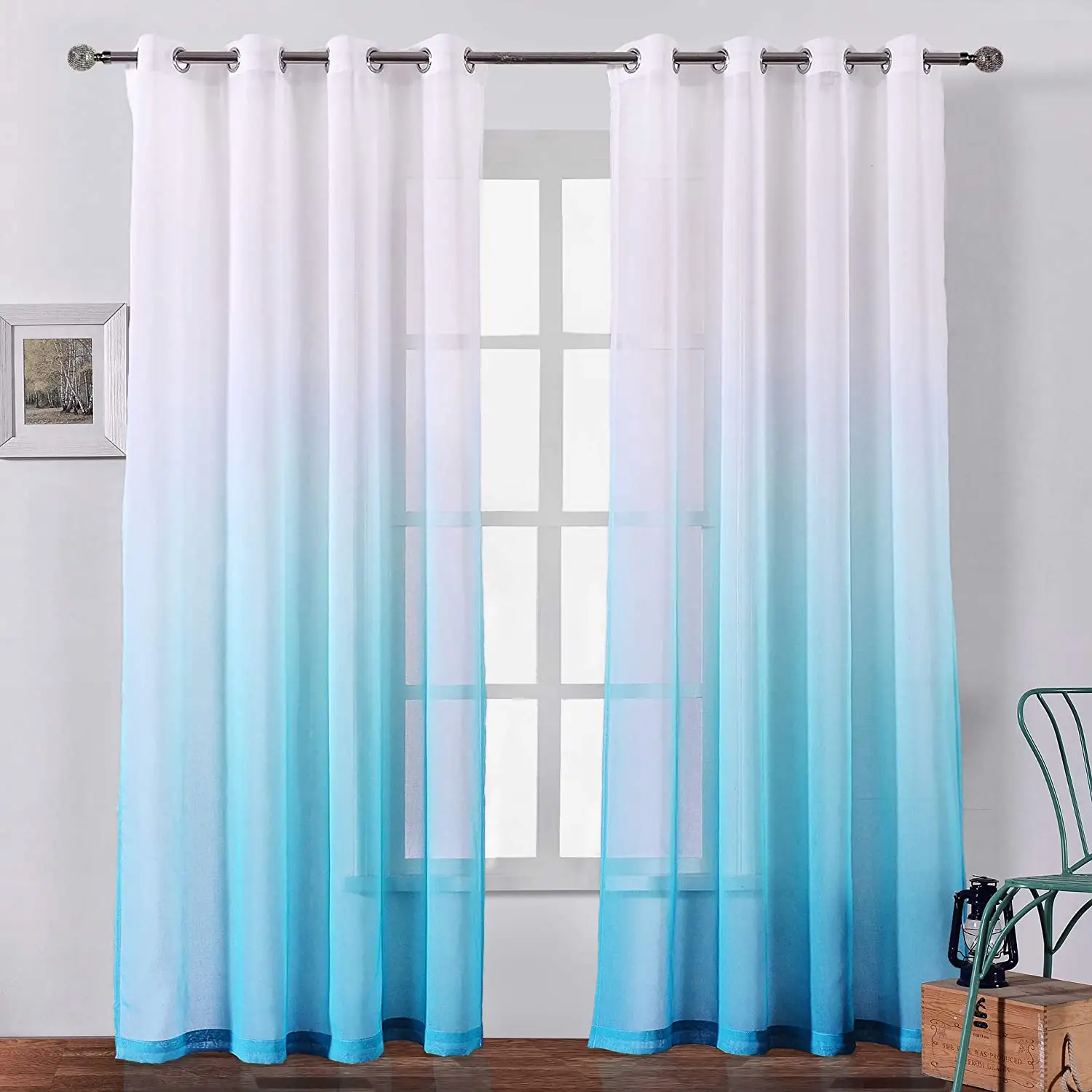 Ombre Curtains Teal White Sheer Window Curtain Panel 2 Faux Linen Semi Sheer Curtains for Bedroom Decor Kid Nursery Living Room