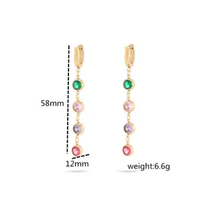Stainless Steel 18 K Gold Earrings For Women's Fashion Accessories Round Zircon Tassel Pendant Earrings