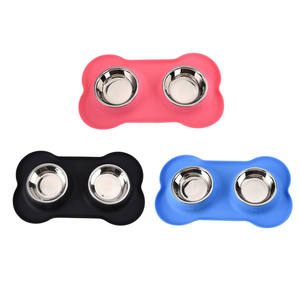 Alas makan hewan peliharaan silikon, mangkuk ganda dengan mangkuk Stainless Steel anti selip tahan air mudah dibersihkan untuk anjing kucing - Product Image 3