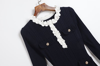 Nouvelle Robe Midi Élégante Française en Maille pour Femme Automne 2026, Ornée de Perles, Col Floral en Dentelle, Manches Longues, Coupe Évasée avec Ceinture