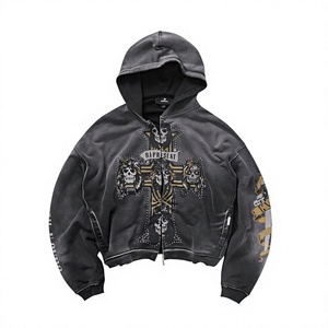 Sudadera con capucha unisex negra con lavado ácido, ecológica, de felpa francesa 100% algodón, oversize, con cremallera, estampado de calavera y cruz, estilo streetwear. - Product Image 1