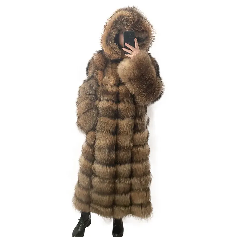 Customizable Styles Long Hooded Natural Color Winter Warm Real Raccoon Fur Coat Women's Fur Coat