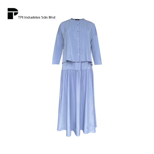 Malaysia Manufacturer Blouse & Skirt Light Blue Modest Muslimah Fashion Long Sleeve Suit for Women Daily Office Wear Elegant