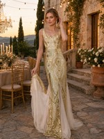 Robe de soirée sirène dorée brodée de sequins, col cœur, sans manches, dos nu, avec panneau transparent, pour soirée formelle, vente en gros