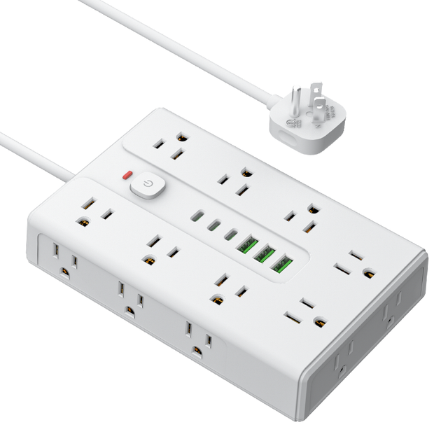 VINISEM ABS 10A Surge Protector Flat Plug 16 Outlets 3 USB-A 3 USB-C 3 Ports 1250W Industrial Hospital Extension Socket Home