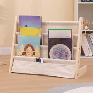 3-Layer Natural <b>Wood</b> Standing Type Kids Bookshelf Canvas Sling Sleeves Living Room Book <b>Shelves</b> for Toddlers Children Use Hand - Product Image 2