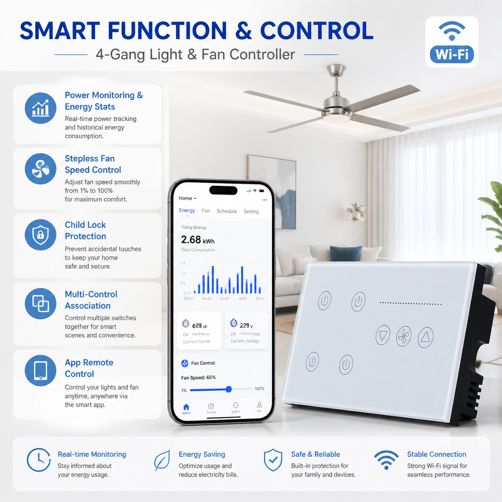 147*86mm WiFi Smart Touch Wall Switch 4 Gang Light & Fan Speed Control Power Monitoring Child Lock Pakistan/Middle East · image 3