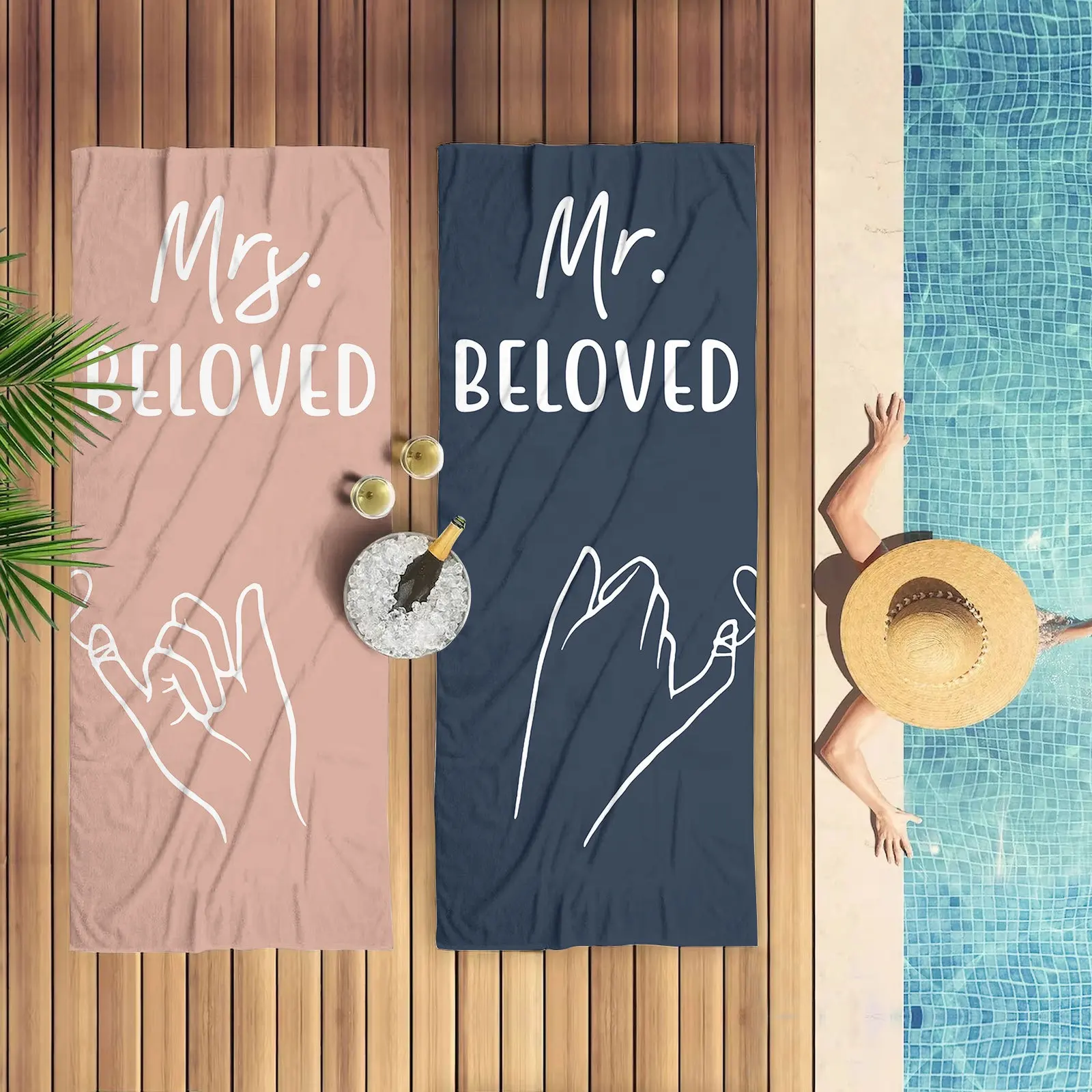 Logo Zwembad Microfiber Gepersonaliseerde Naam Mr & Mrs Bruid Zomer Print Strandlaken