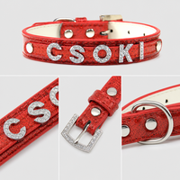 Collier personnalisé pour animaux de compagnie, style dessin animé, en cuir PU pailleté avec lettres coulissantes en strass, pour chien et chat, réglable de 19 à 56 cm
