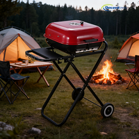 Barbecue au gaz pliable rouge portable avec table latérale et roues, barbecue d'extérieur de haute qualité