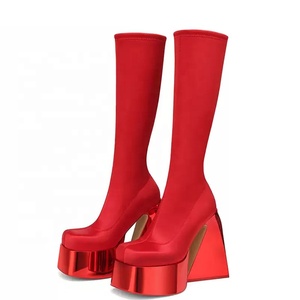 Women Thick Chunky Heels Knee High Platform Boots Triangle Heels Shiny <b>Mirror</b> Bottom Long <b>Square</b> Toe Sock Shoes - Product Image 4