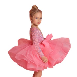 Vestido de Princesa de Tul Rosa Brillante con Lentejuelas para Niñas, Vestido Formal de Manga Larga para Boda, Actuación de Piano - Product Image 5