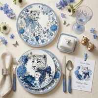 Assiette à salade et dessert en porcelaine motif guépard bleu et blanc, vaisselle de table florale pour mariage et fête