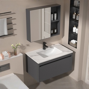 Moderno gabinete de baño inteligente suspendido con lavabo integrado de cerámica. - Product Image 1