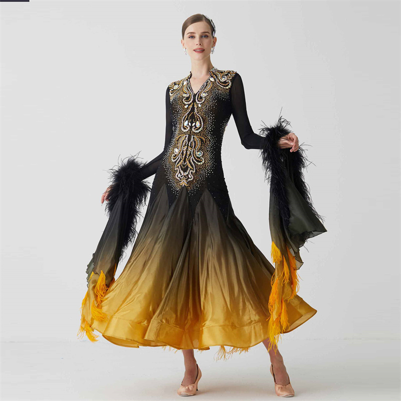black and gold ballroom dress Long Sleeve Black Beaded Formal Dress with Gold Fringe PromGirl