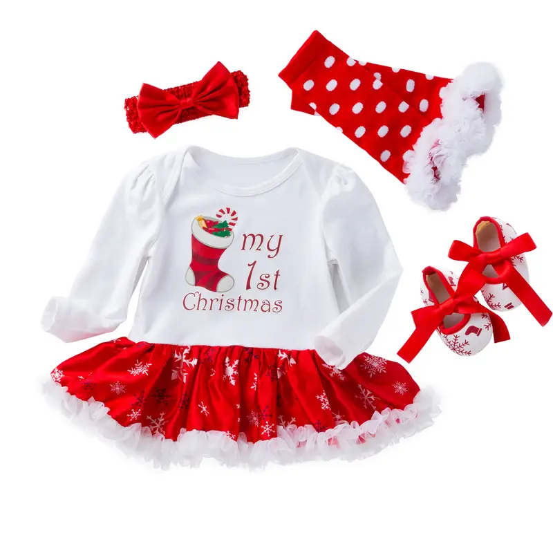 Ropa navideña para niñas de 0 a 2 años, vestido de manga larga con copo de nieve para bebés, conjunto de 4 piezas, 2020