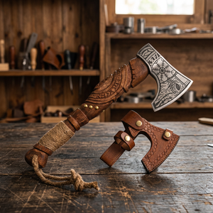 Custom Gift Industrial Carbon Steel Viking Style Hammer <b>Axe</b> Bearded Rose <b>Wood</b> Tomahawk Hatchet Premium Leather Sheath - Product Image 3