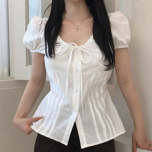 Camiseta de manga corta con cintura plisada estilo adolescente que rejuvenece, estilo chica sexy y pura, top versátil - Product Image 1