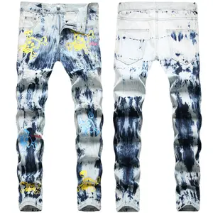 Aeedenim Street Style Aangepaste Logo Hiphop West Coast Style Blue Stropdas Spoel Water Digitaal Printen Gescheurde Rechte Denim Jeans