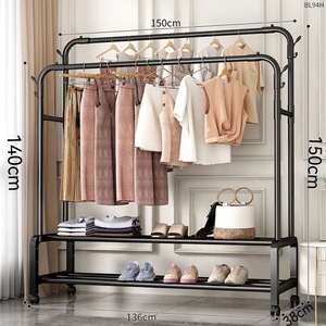 Organisateur de maison portable et mobile à double barre, séchoir à linge en tissu noir minimaliste, porte-vêtements et chaussures suspendu, étagère à articles et sacs - Product Image 6