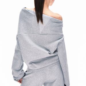 Sudadera informal de un solo hombro para mujer, 100% algodón, cómoda y suave, color gris, camiseta de manga larga para mujer - Product Image 6