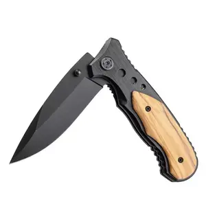 Wholesale Wood Handle Camping Tactical Outdoor Pocket Folding Hunting Knives Black Aluminium Wood Survival Outdoor Knife